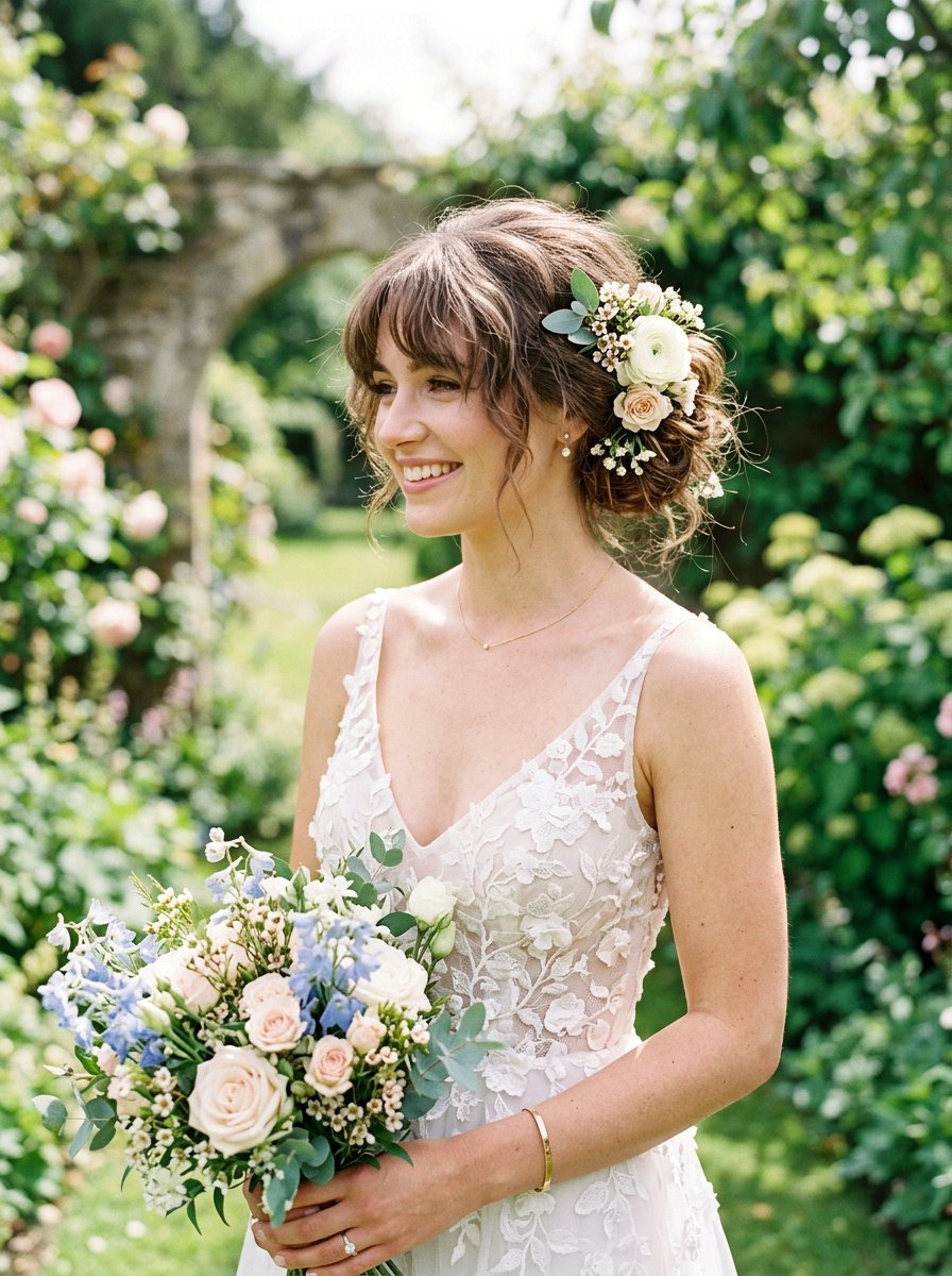 Messy Bun with Textured Bangs - 20 wedding hairstyles for brides with bangs - 20 wedding hairstyles for brides with bangs