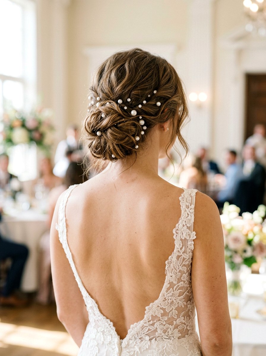 Messy Chignon With Pearls - 20 wedding hairstyles for garden ceremony - 20 wedding hairstyles for garden ceremony