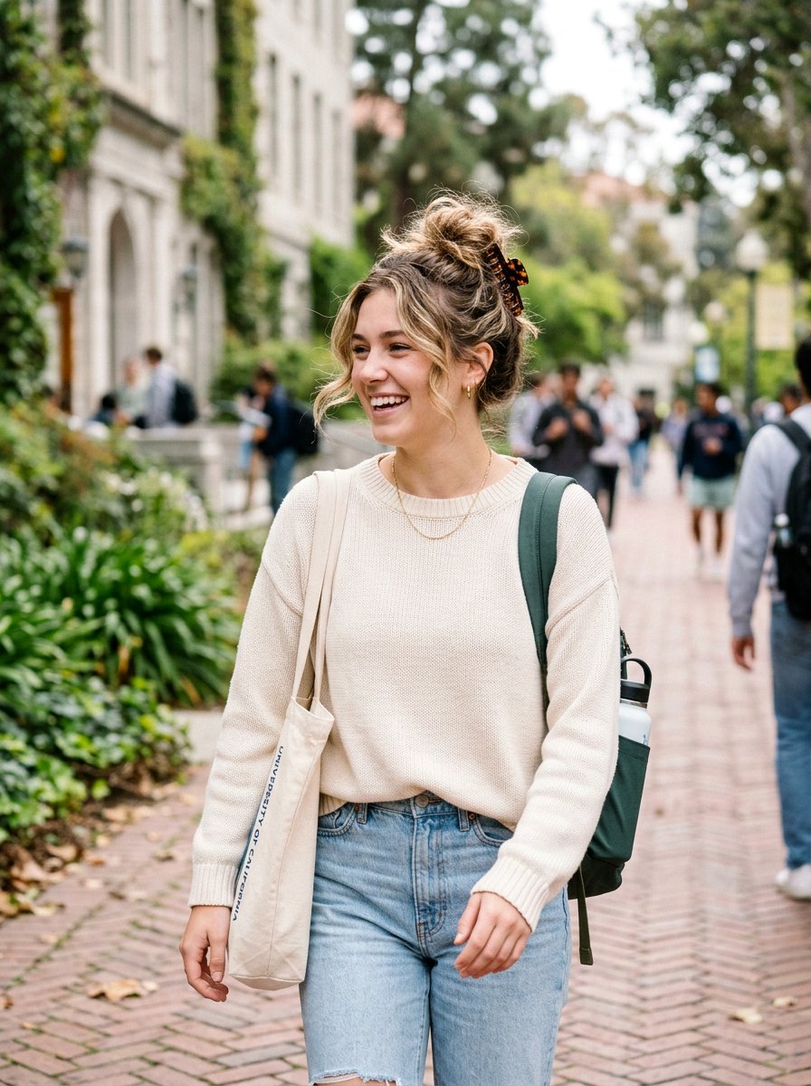 Messy Claw Clip Bun With Face Framing Strands - 20 claw clip hairstyle for college girls - 20 claw clip hairstyle for college girls