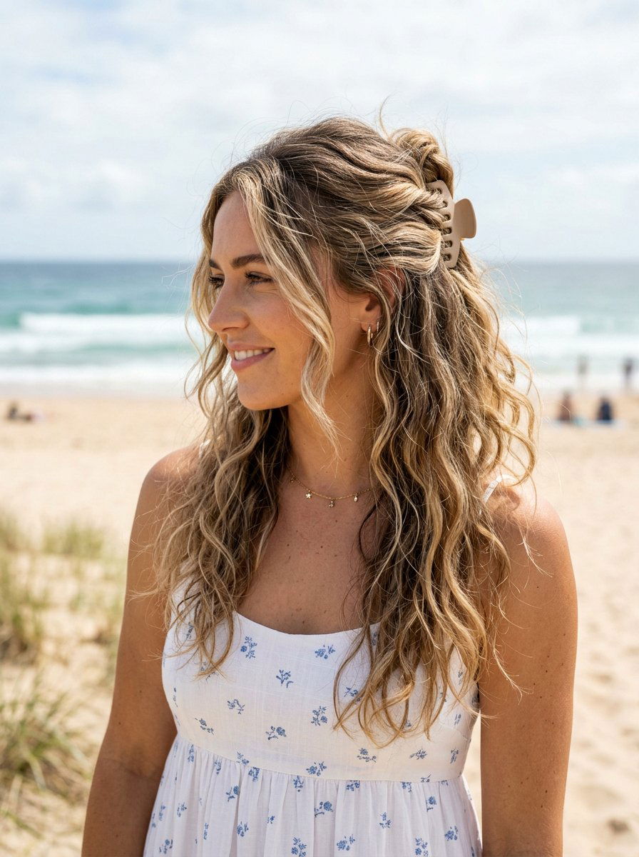 Messy Claw Clip Half Updo - 20 summer claw clip hairstyles - 20 summer claw clip hairstyles