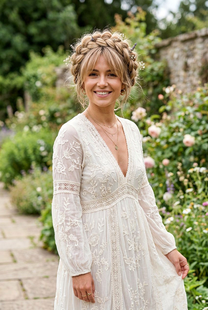 Messy Crown Braid With Soft Fringe - 20 wedding guest hairstyle for women with bangs - 20 wedding guest hairstyle for women with bangs