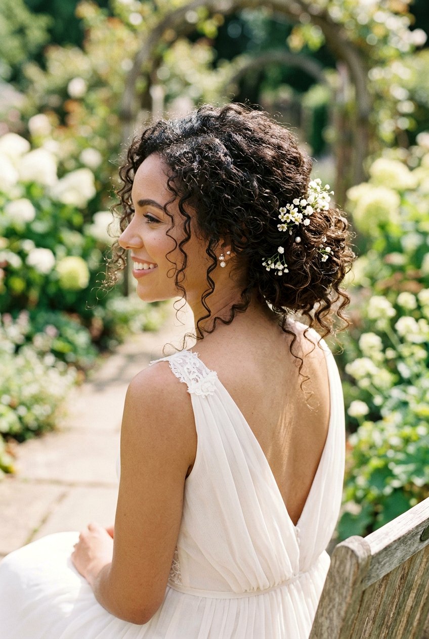 Messy Curly Bridal Bun - 20 bridal hairstyle for shoulder length curls - 20 bridal hairstyle for shoulder length curls