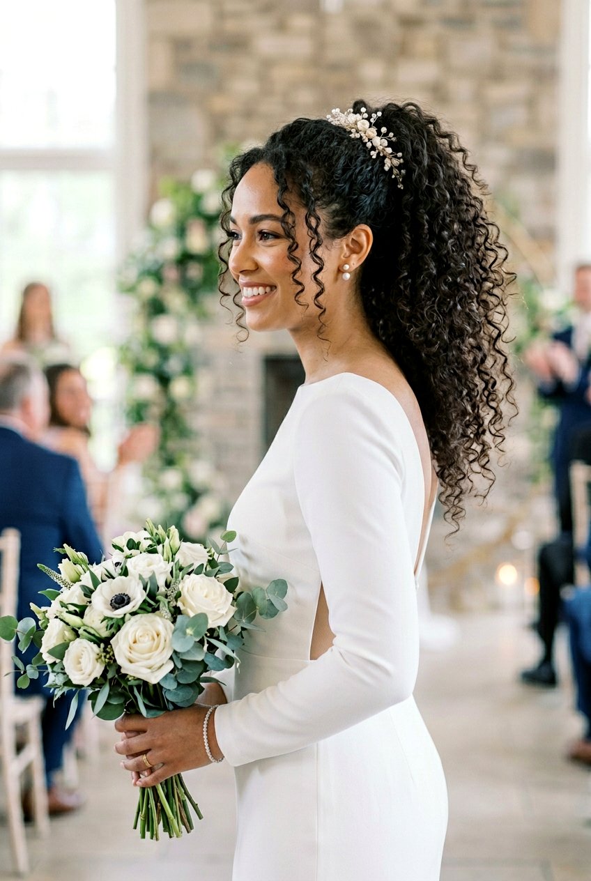 Messy Curly Bridal Ponytail - 20 bridal hairstyle for long natural curls - 20 bridal hairstyle for long natural curls