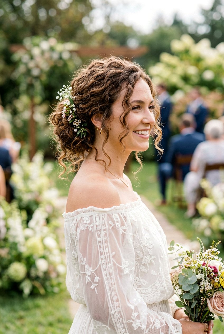 Messy Curly Bridesmaid Bun - 20 bridesmaid hairstyles with curls - 20 bridesmaid hairstyles with curls