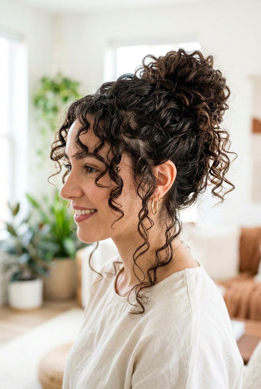 Messy Curly Bun - 20 curly hairstyles for long hair - 20 curly hairstyles for long hair