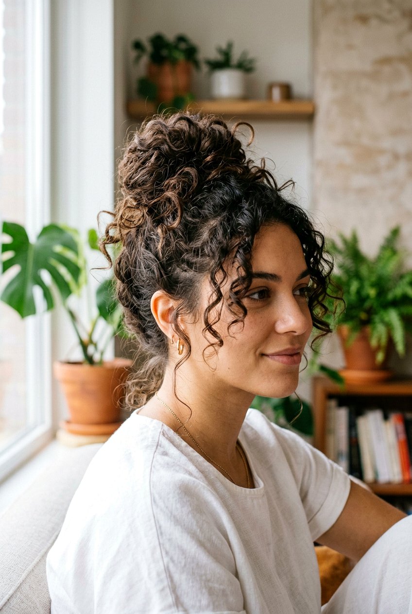 Messy Curly Bun - 20 curly hairstyles for women - 20 curly hairstyles for women