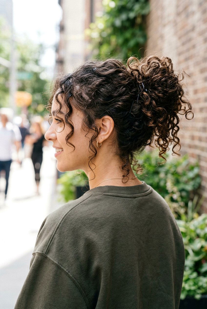 Messy Curly Bun - 20 humidity proof hairstyles for curly hair - 20 humidity proof hairstyles for curly hair