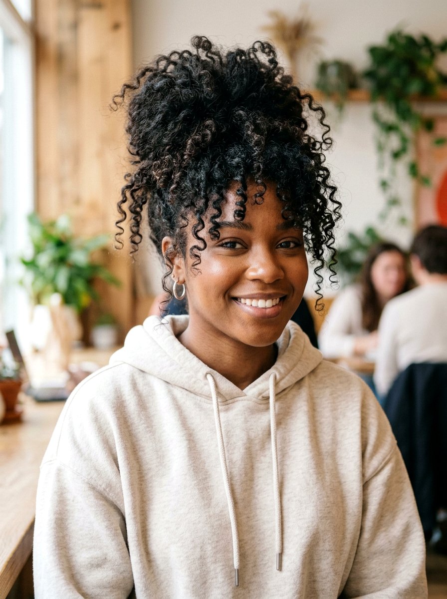 Messy Curly Bun - 20 school bun styles for black girls - 20 school bun styles for black girls