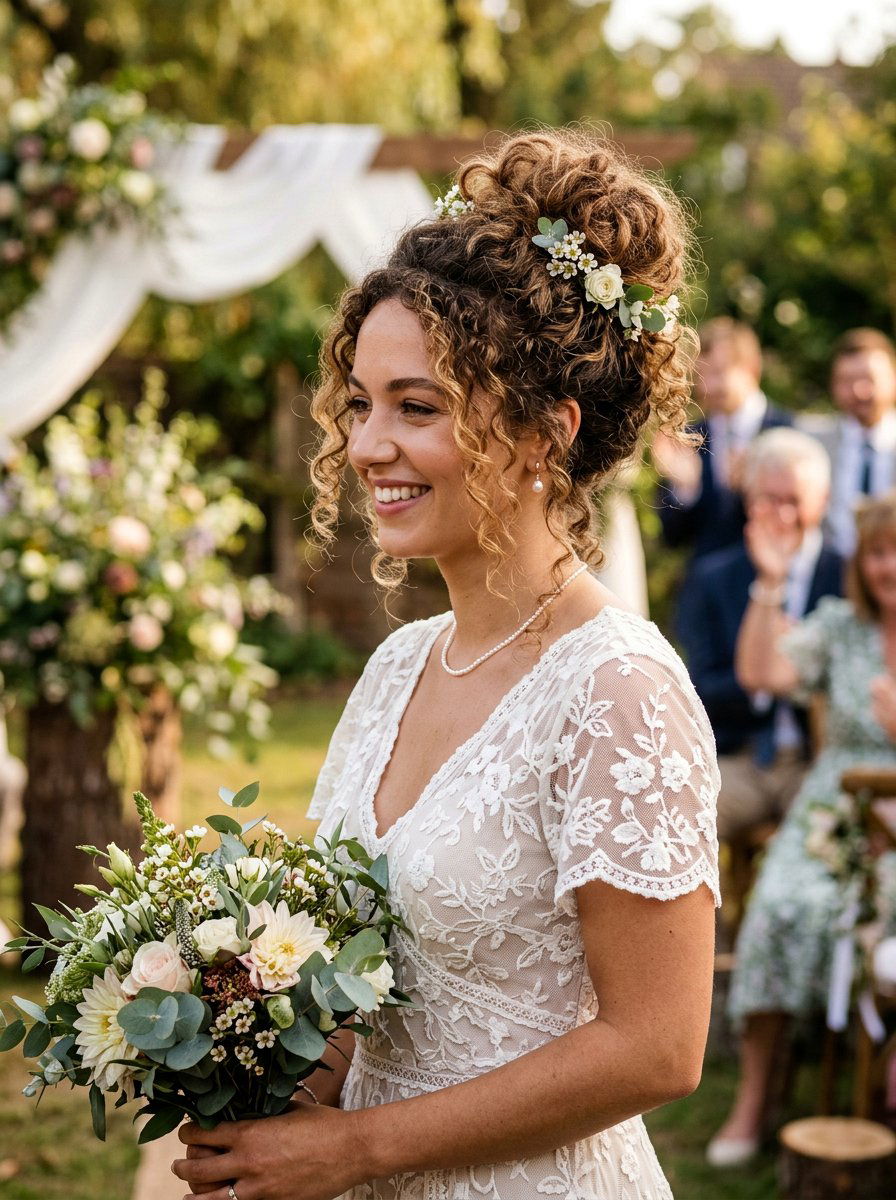 Messy Curly Bun - 20 wedding hairstyles for curly brides - 20 wedding hairstyles for curly brides
