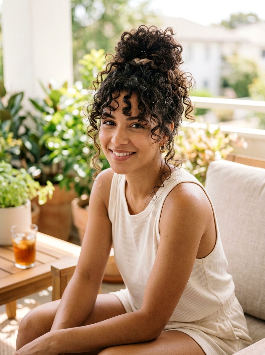 Messy Curly Bun Updo - 20 curly hairstyle ideas for women - 20 curly hairstyle ideas for women