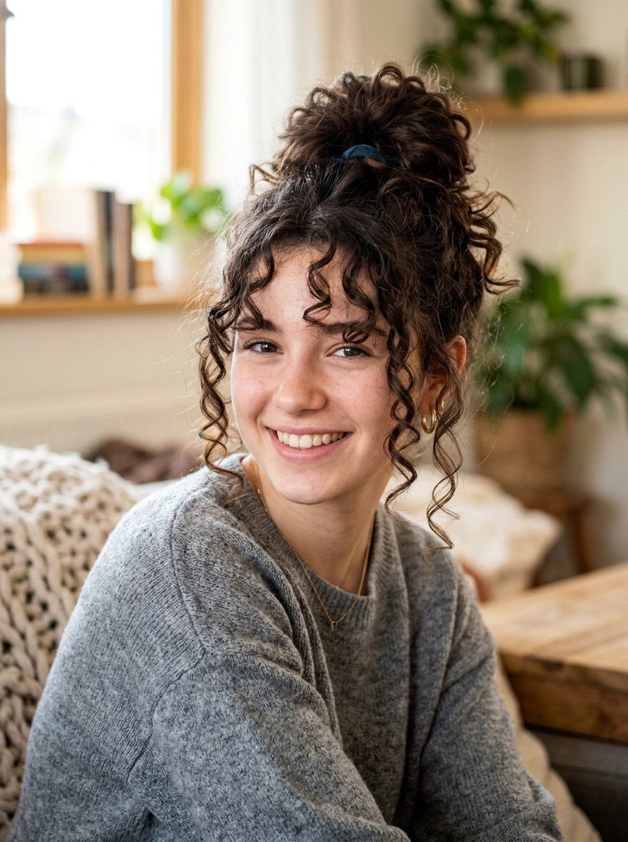 Messy Curly Bun With Face Framing Pieces - 20 teen girls picture day hairstyle with curls