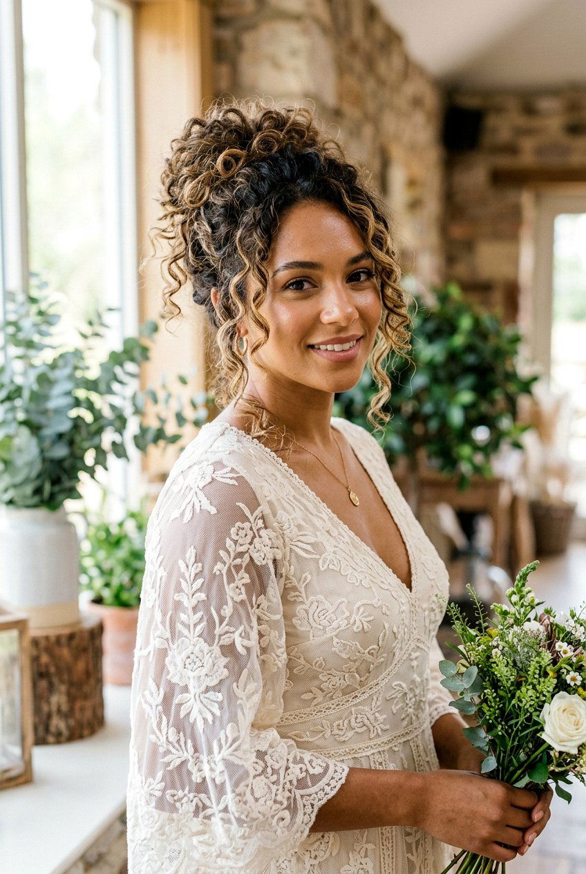 Messy Curly Bun - 20 bridal hairstyle for long curly hair - 20 bridal hairstyle for long curly hair