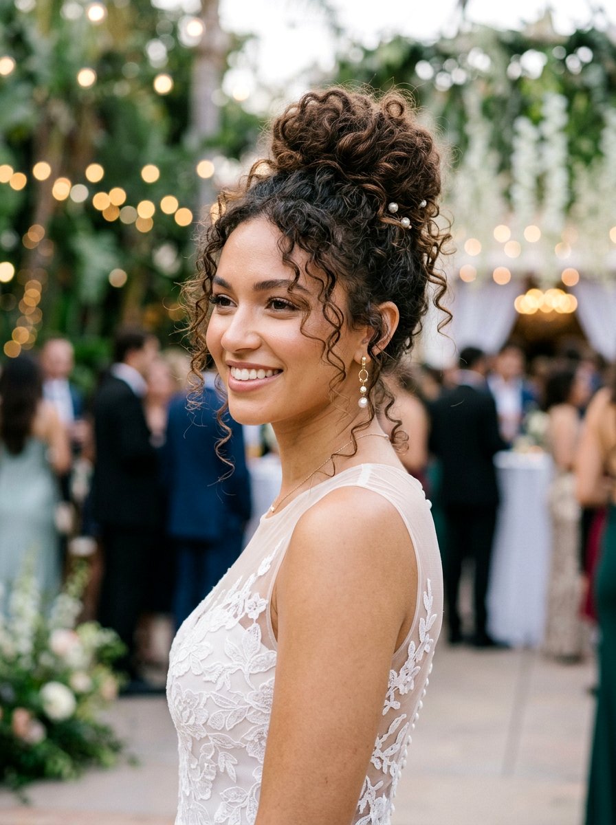 Messy Curly High Bun - 20 homecoming hairstyles for curly hair - 20 homecoming hairstyles for curly hair