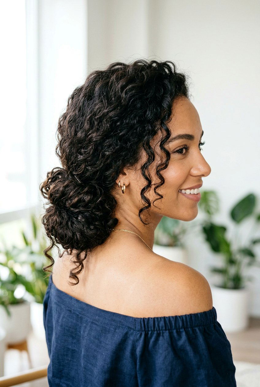 Messy Curly Side Bun - 20 beach hairstyle for long curly hair - 20 beach hairstyle for long curly hair