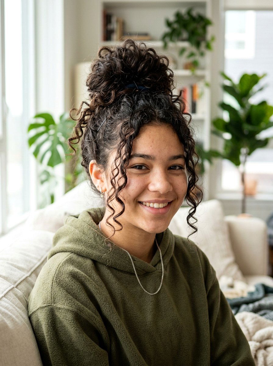 Messy Curly Top Knot - 20 cute hairstyle for teenage girls curls - 20 cute hairstyle for teenage girls curls