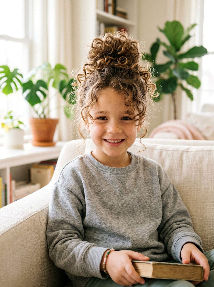 Messy Curly Top Knot - 20 quick school hairstyle for short curly hair - 20 quick school hairstyle for short curly hair