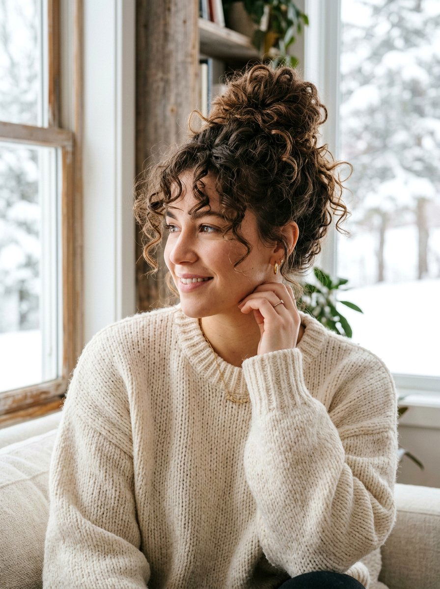 Messy Curly Top Knot - 20 simple hairstyle for curly shoulder length hair - 20 simple hairstyle for curly shoulder length hair