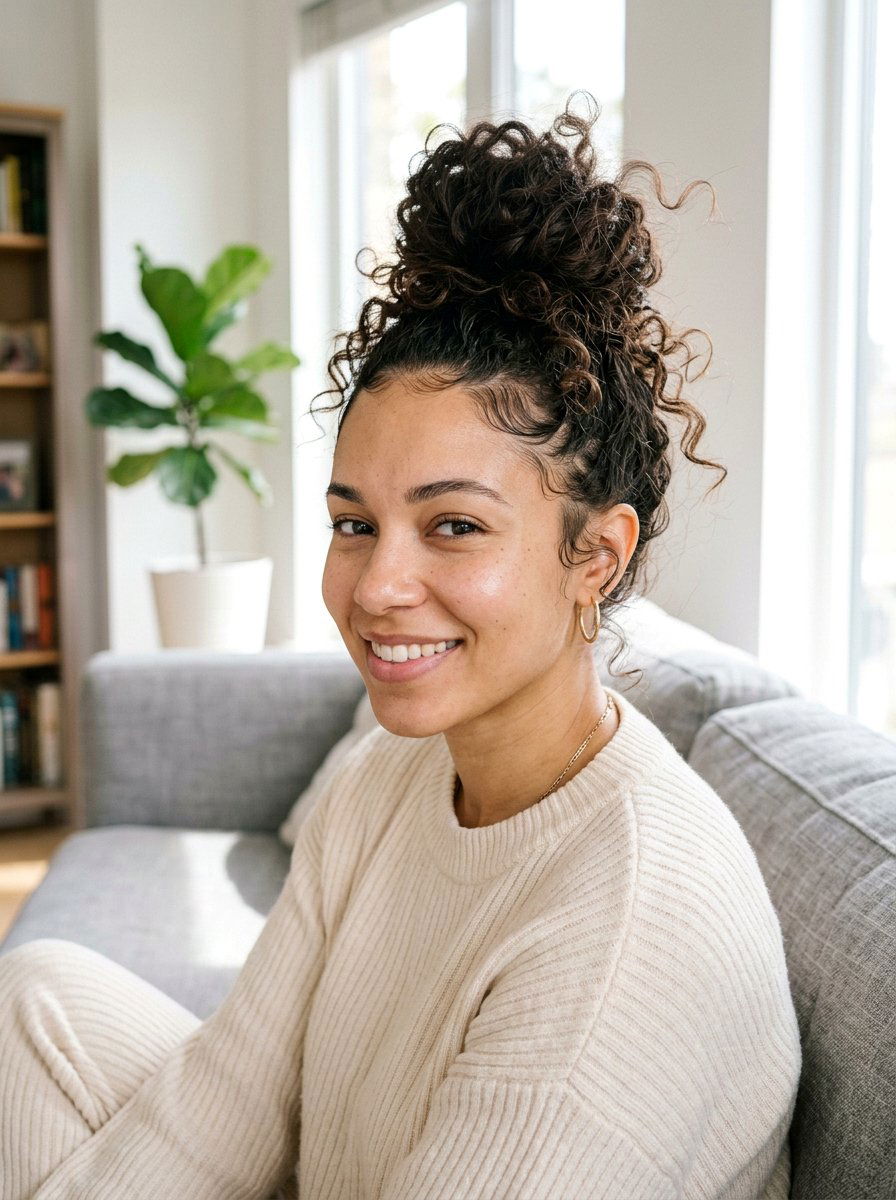 Messy Curly Top Knot With Wispy Edges - 20 soft glam hairstyle for curly hair - 20 soft glam hairstyle for curly hair