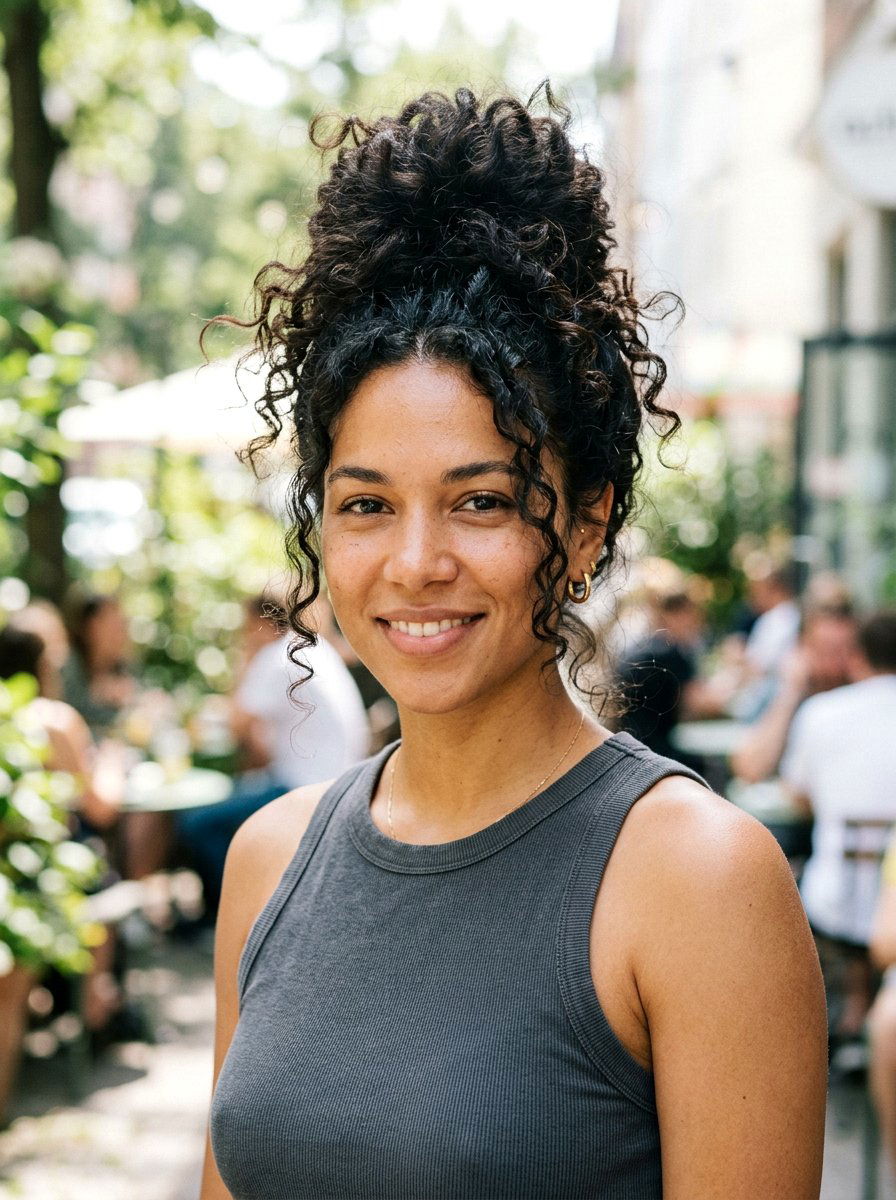 Messy Curly Top Knot - 20 cute curly hairstyle ideas for women - 20 cute curly hairstyle ideas for women