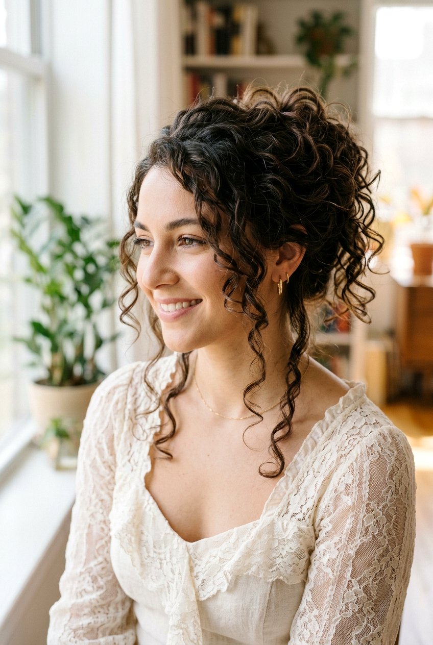 Messy Curly Updo - 20 birthday hairstyle for curly shoulder length hair - 20 birthday hairstyle for curly shoulder length hair