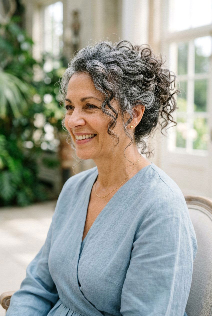Messy Curly Updo - 20 curly wedding guest hairstyle for mature women - 20 curly wedding guest hairstyle for mature women