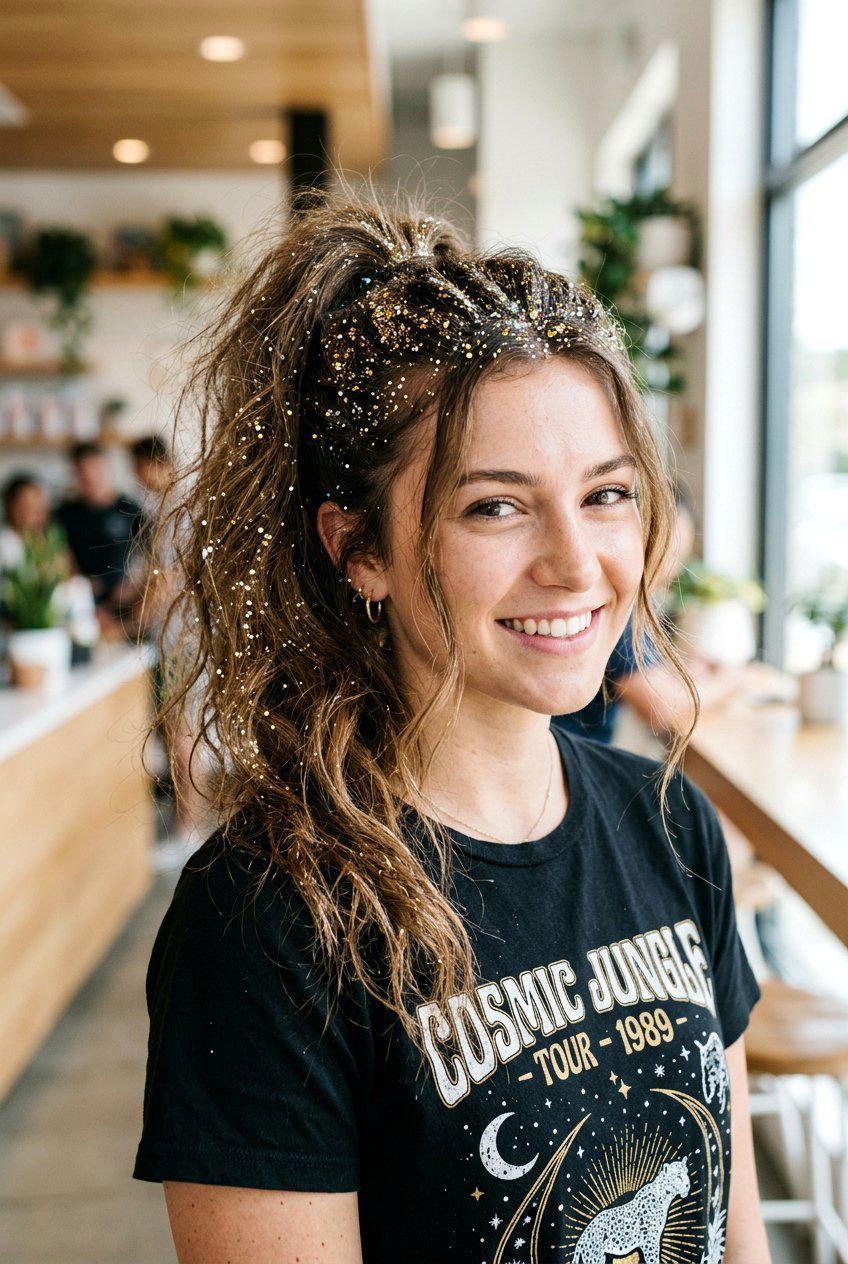 Messy Glitter Ponytail - 20 birthday hairstyle with glitter ponytail - 20 birthday hairstyle with glitter ponytail