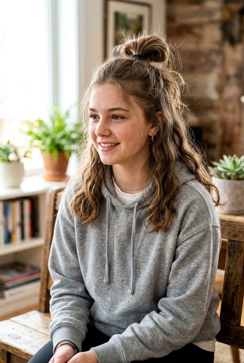 Messy Half Up Bun For Teen Girls - 20 half up bun hairstyles for teens - 20 half up bun hairstyles for teens