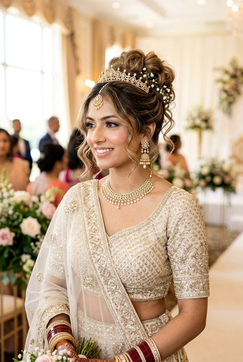 Messy High Bridal Bun With Loose Strands - 20 desi bridal bun hairstyle - 20 desi bridal bun hairstyle