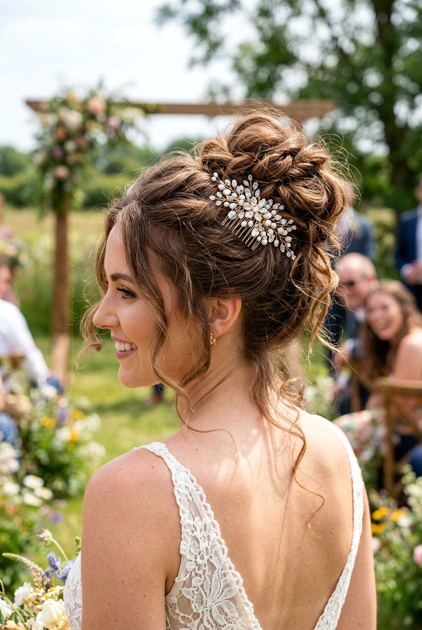 Messy High Bun - 20 bridal hairstyle with crystal comb - 20 bridal hairstyle with crystal comb
