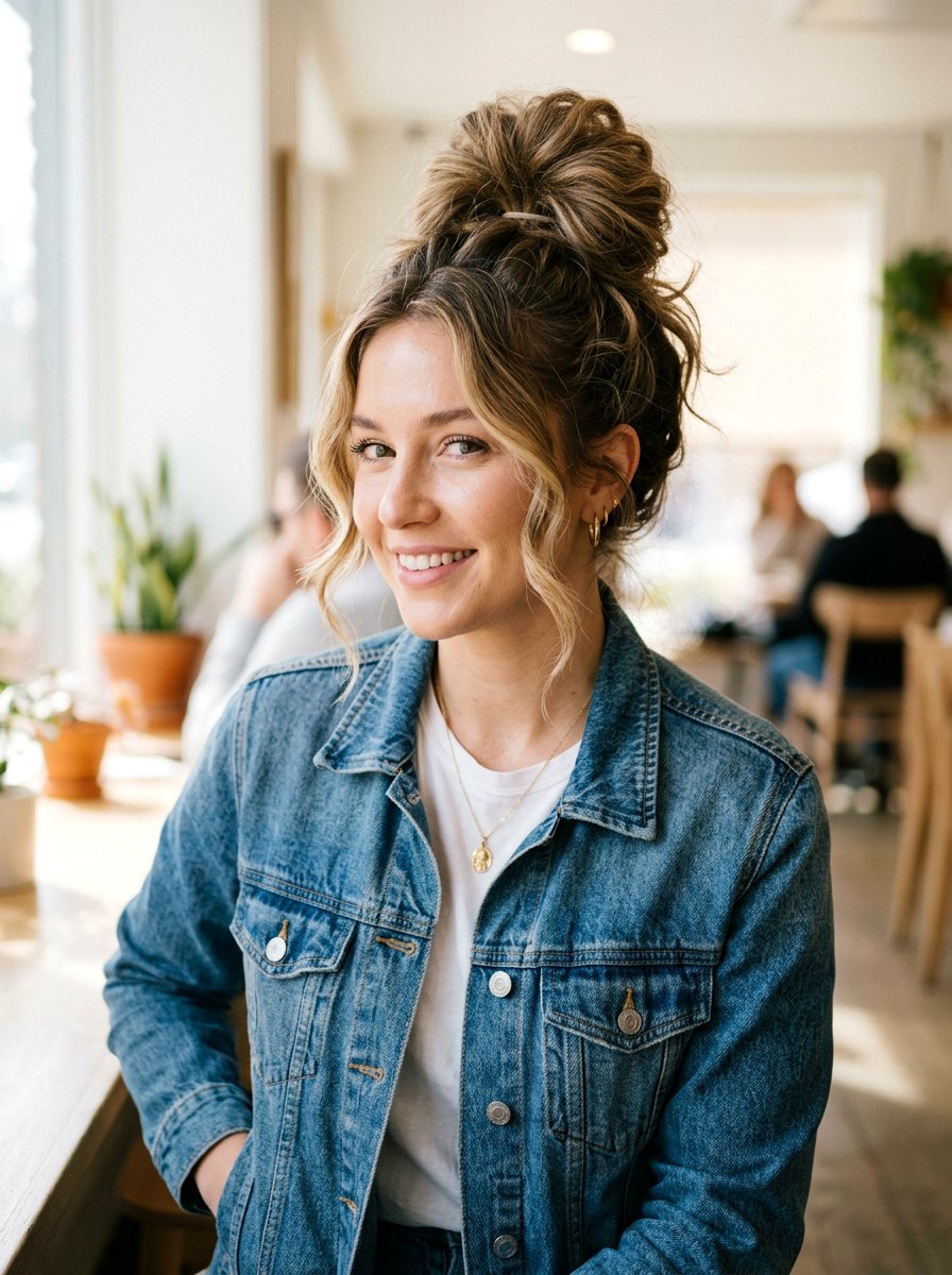 Messy High Bun - 20 cute hairstyle for amusement park - 20 cute hairstyle for amusement park