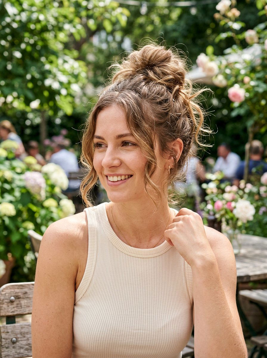 Messy High Bun - 20 cute hairstyle for casual wedding guest - 20 cute hairstyle for casual wedding guest