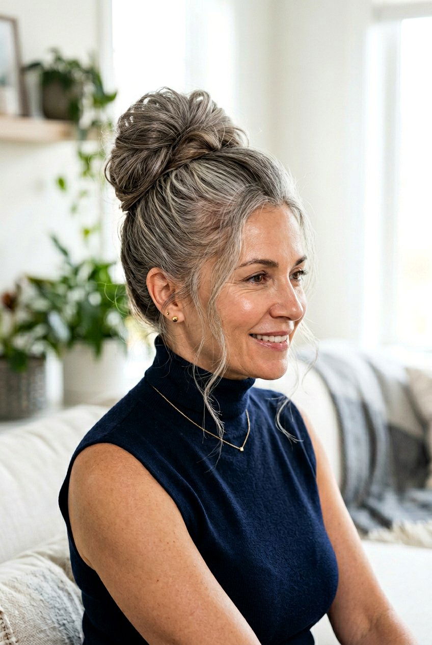 Messy High Bun - 20 formal hairstyles for mature women - 20 formal hairstyles for mature women
