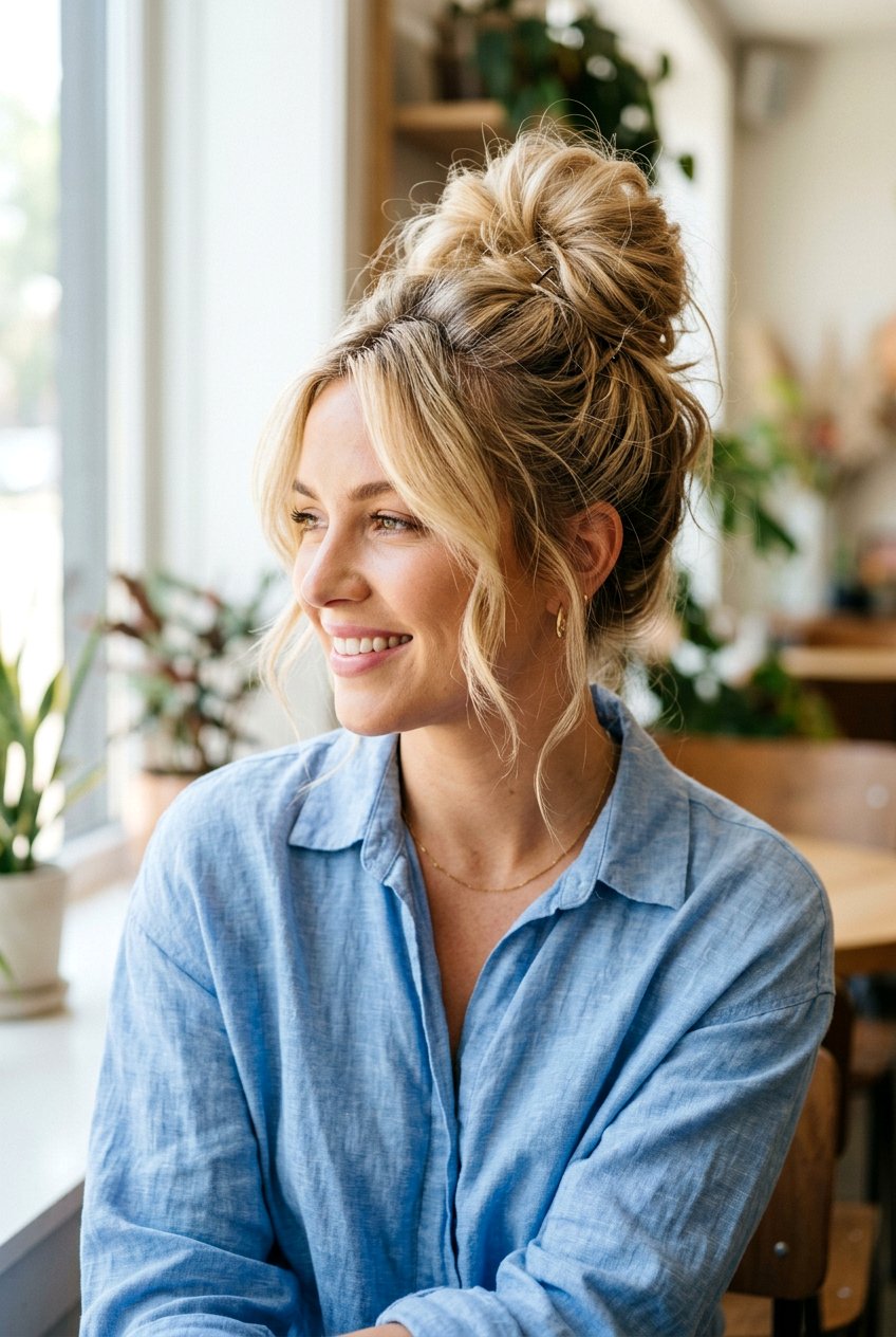 Messy High Bun - 20 quick hairstyle for office mornings - 20 quick hairstyle for office mornings