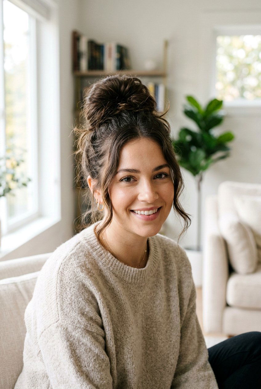Messy High Bun - 20 easy hairstyles for mornings - 20 easy hairstyles for mornings