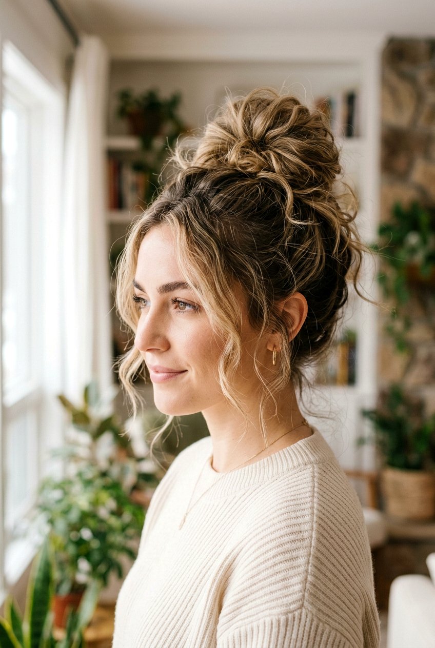 Messy High Bun - 20 romantic hairstyles for weddings - 20 romantic hairstyles for weddings