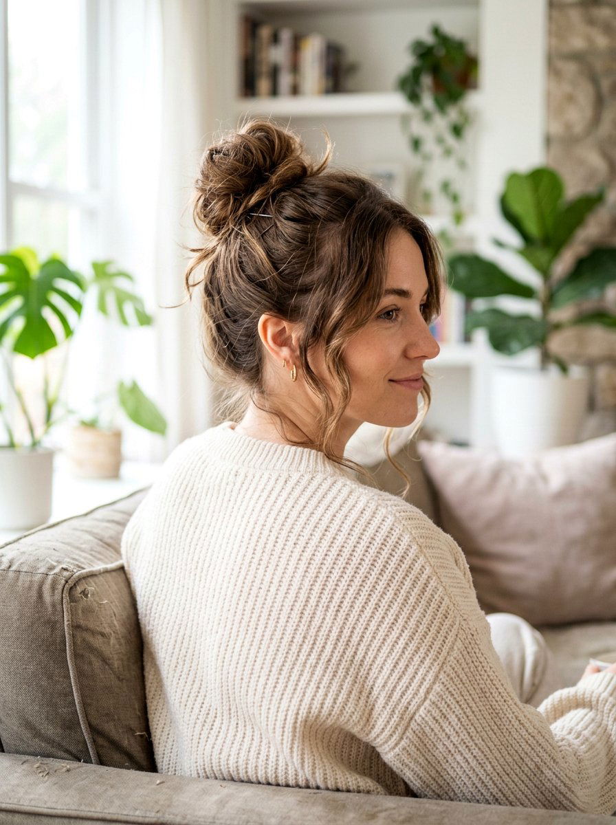 Messy High Bun With Face Framing Pieces - 20 rainy day bun hairstyle - 20 rainy day bun hairstyle