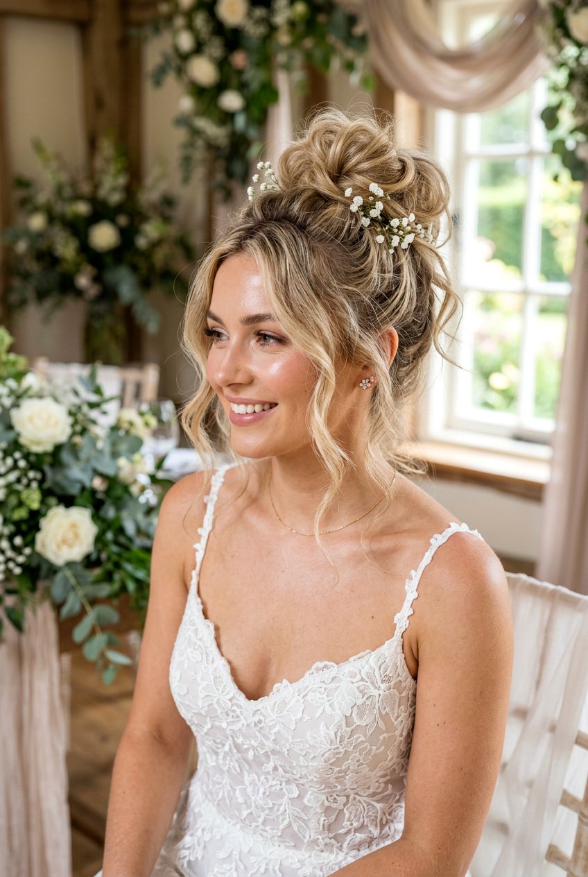 Messy High Bun - 20 bridal hairstyle for thick wavy hair - 20 bridal hairstyle for thick wavy hair
