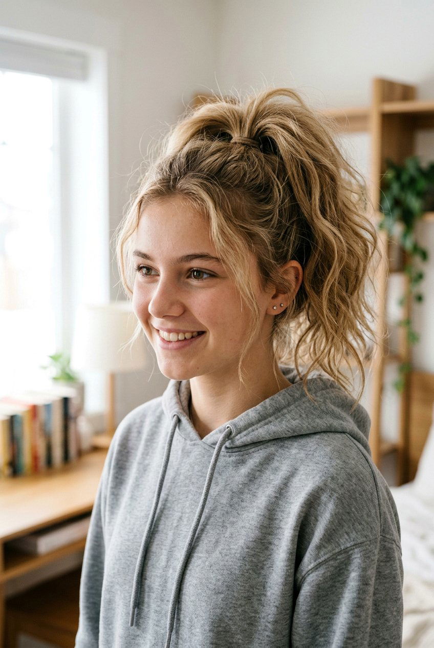 Messy High Pony - 20 school hairstyle for teenage girls with medium hair - 20 school hairstyle for teenage girls with medium hair