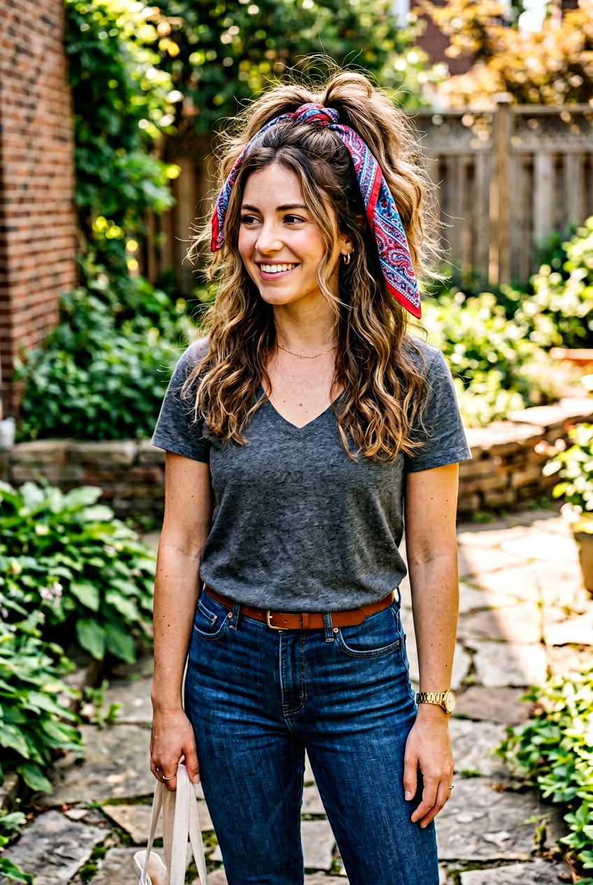 Messy High Ponytail With Bandana Scarf - 20 scarf ponytail hairstyle - 20 scarf ponytail hairstyle