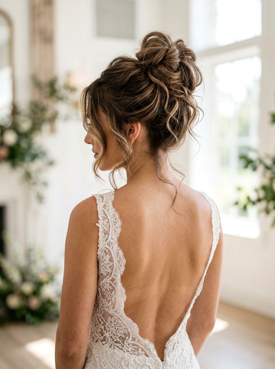 Messy High Updo - 20 wedding hairstyles for elopement - 20 wedding hairstyles for elopement