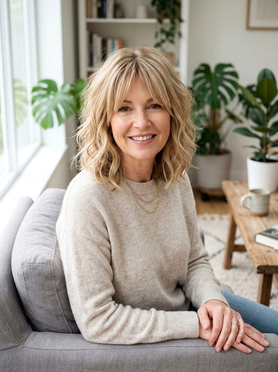 Messy Layered Lob - 20 layered bob with curtain bangs for women over 50