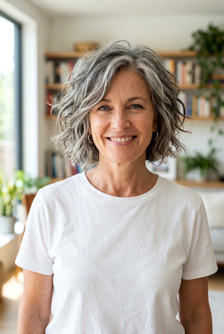 Messy Layered Salt And Pepper Bob - 20 gray bob with layers for older women - 20 gray bob with layers for older women