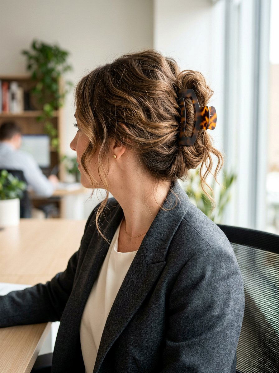 Messy Looking Claw Clip Updo - 20 office friendly claw clip hairstyles - 20 office friendly claw clip hairstyles