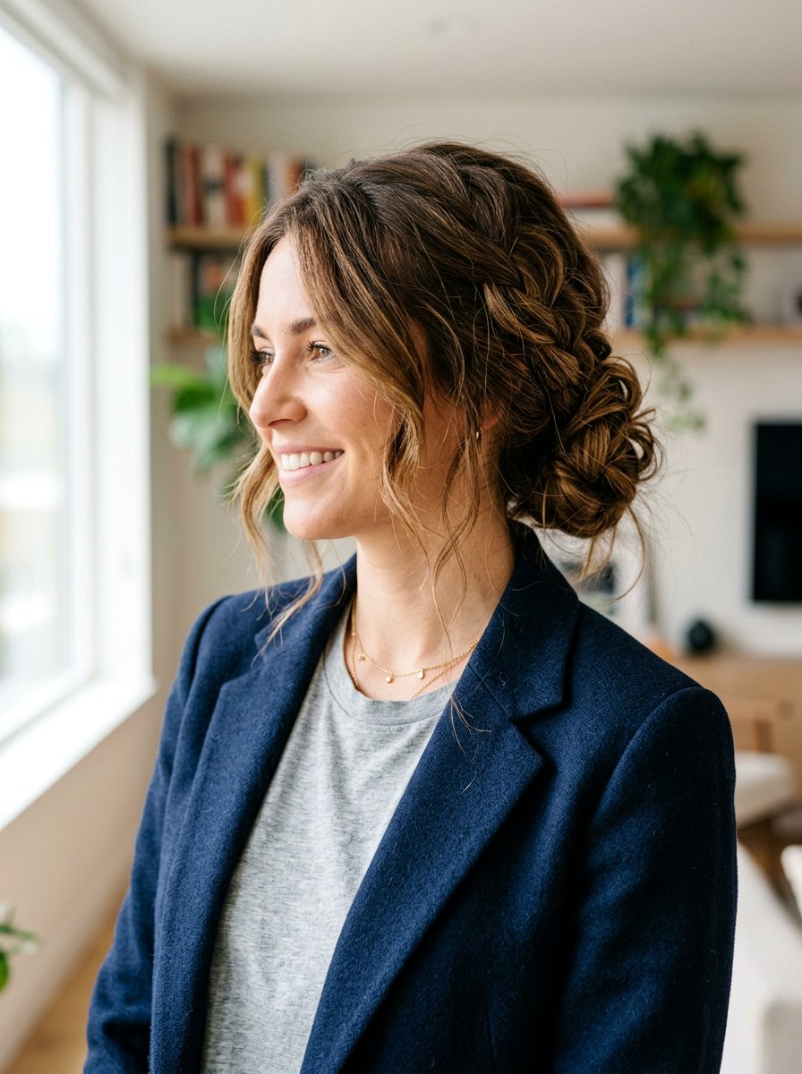 Messy Low Braid Bun - 20 office hairstyle with low braid bun - 20 office hairstyle with low braid bun