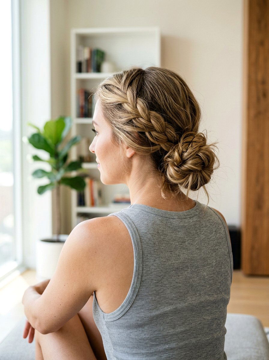 Messy Low Braid Bun - 20 gym hairstyle with low braid bun - 20 gym hairstyle with low braid bun