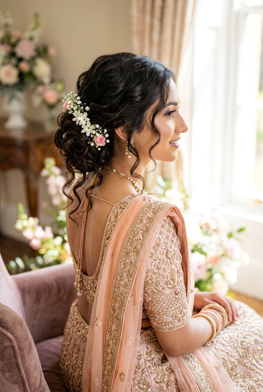 Messy Low Bridal Bun With Soft Curls - 20 desi bridal bun hairstyle - 20 desi bridal bun hairstyle