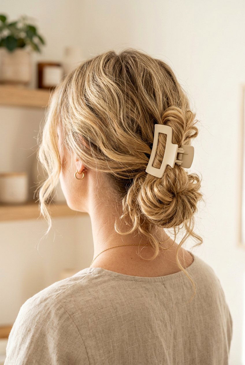 Messy Low Bun - 20 windy day claw clip hairstyle - 20 windy day claw clip hairstyle