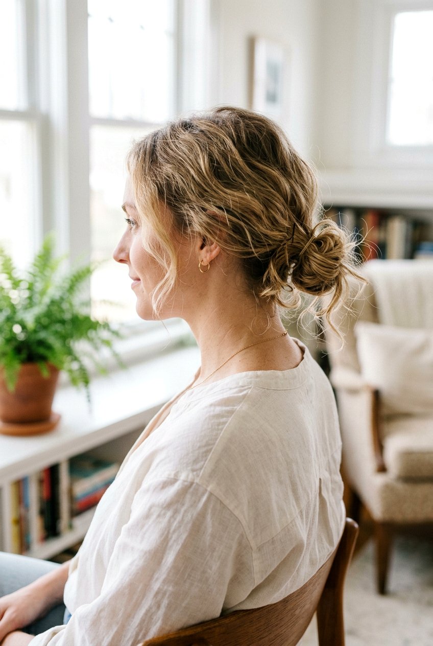 Messy Low Bun On Short Hair - 20 summer hairstyles for short hair - 20 summer hairstyles for short hair