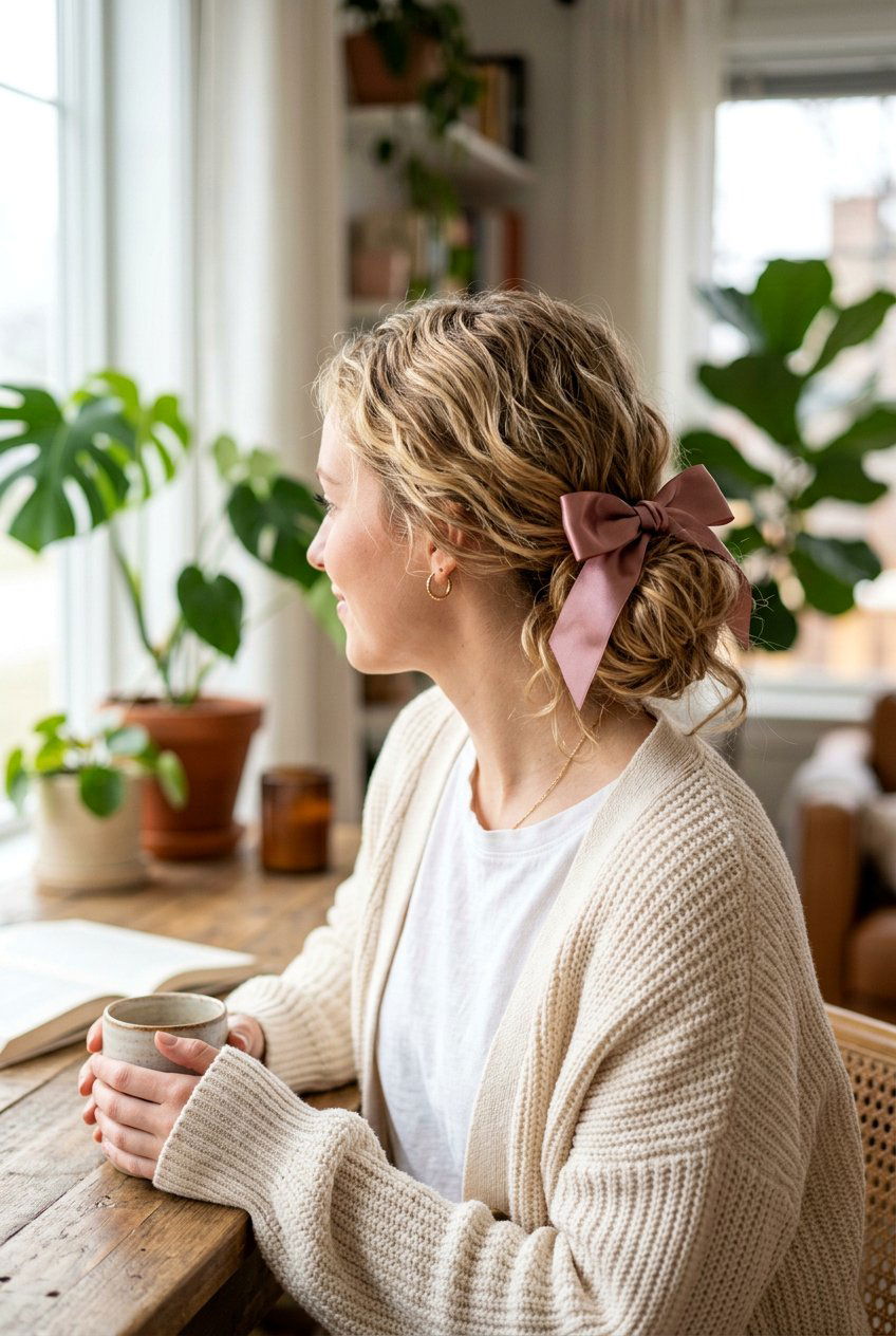 Messy Low Bun With Bow - 20 bow hairstyles for women - 20 bow hairstyles for women