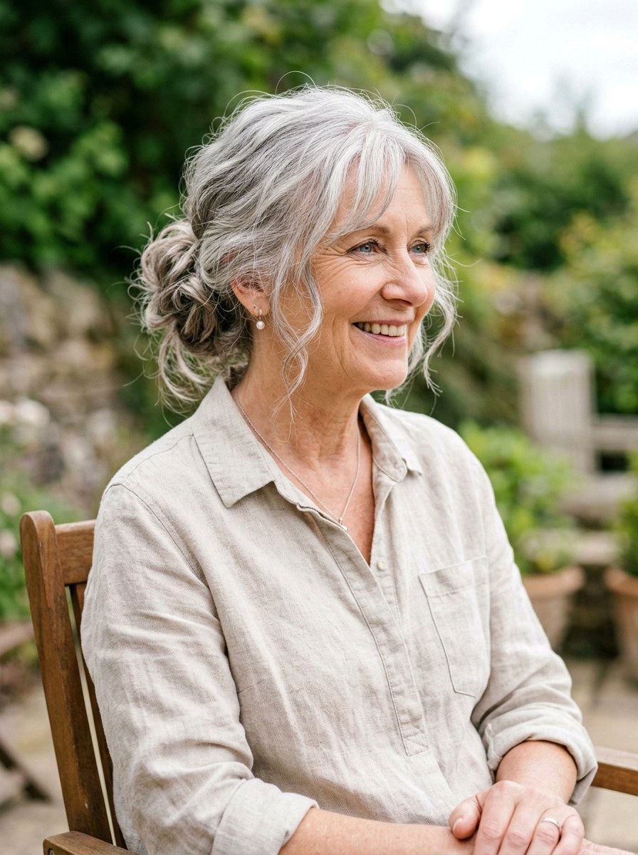 Messy Low Bun With Face Framing - 20 classy low bun hairstyle for older women - 20 classy low bun hairstyle for older women
